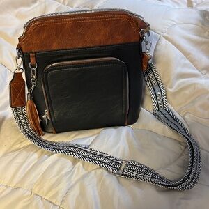 Black and Brown Crossbody Bag with Patterned Strap